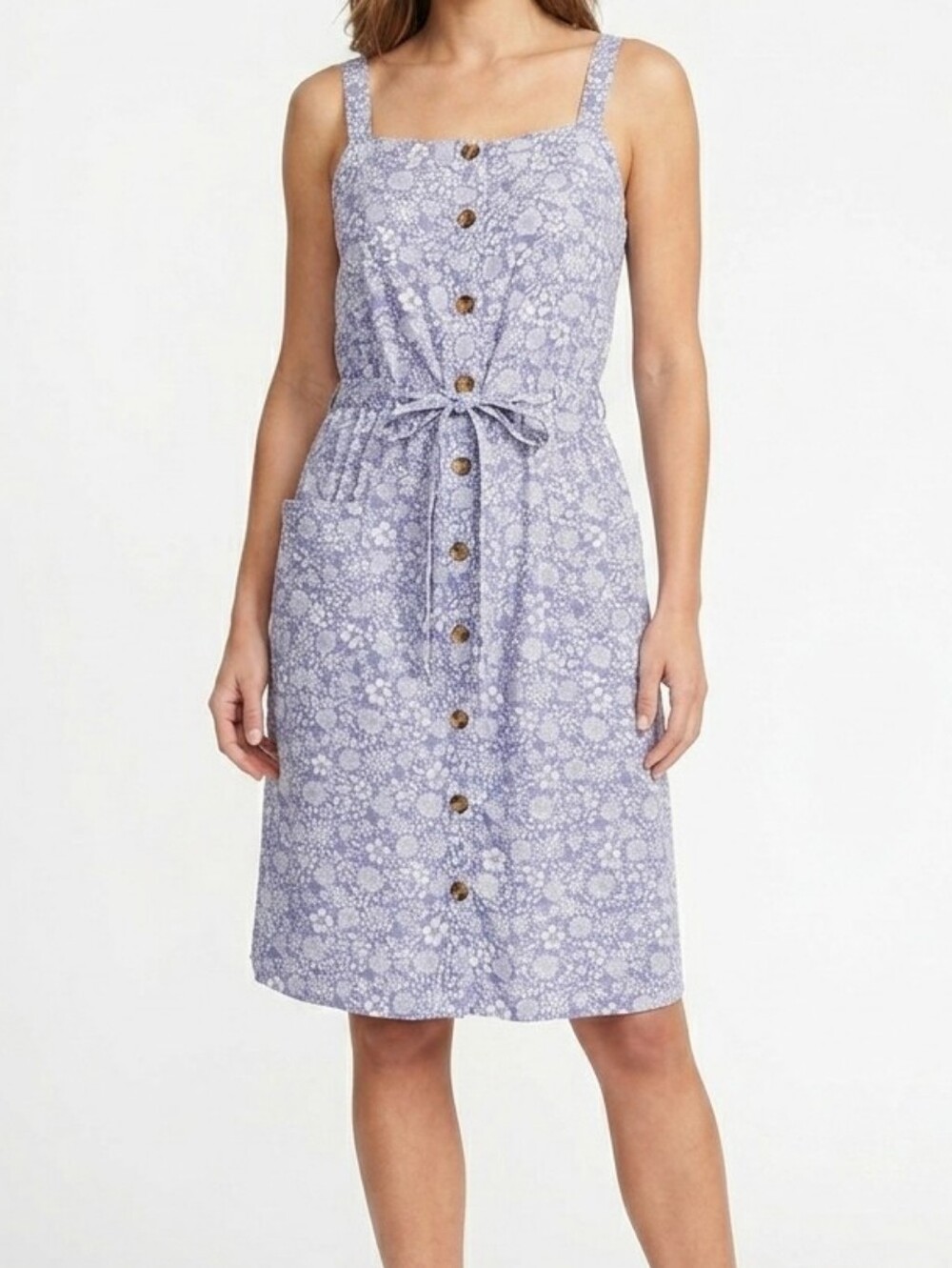 Linen Blend Boho Lavender Floral Midi Dress with Button Front XS